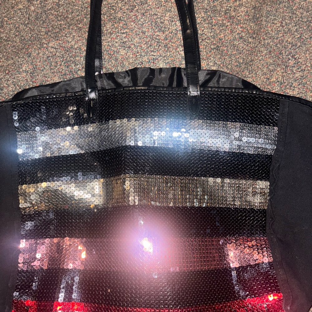 Victoria's Secret Black and Silver Shoulder Bag with Metallic Stripes